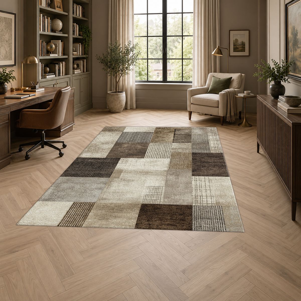 Gray and Brown Modern Patchwork printed area rug