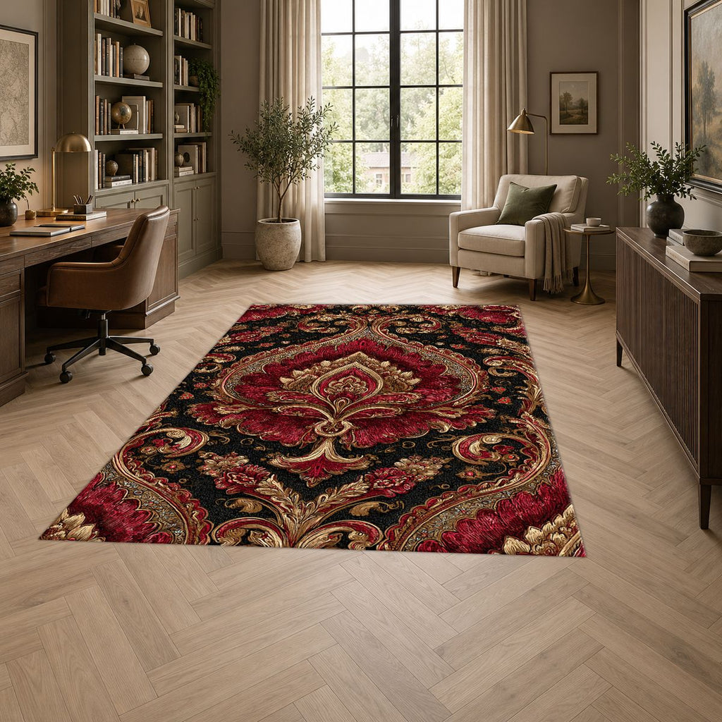 Burgundy and Gold Baroque Damask printed area rug