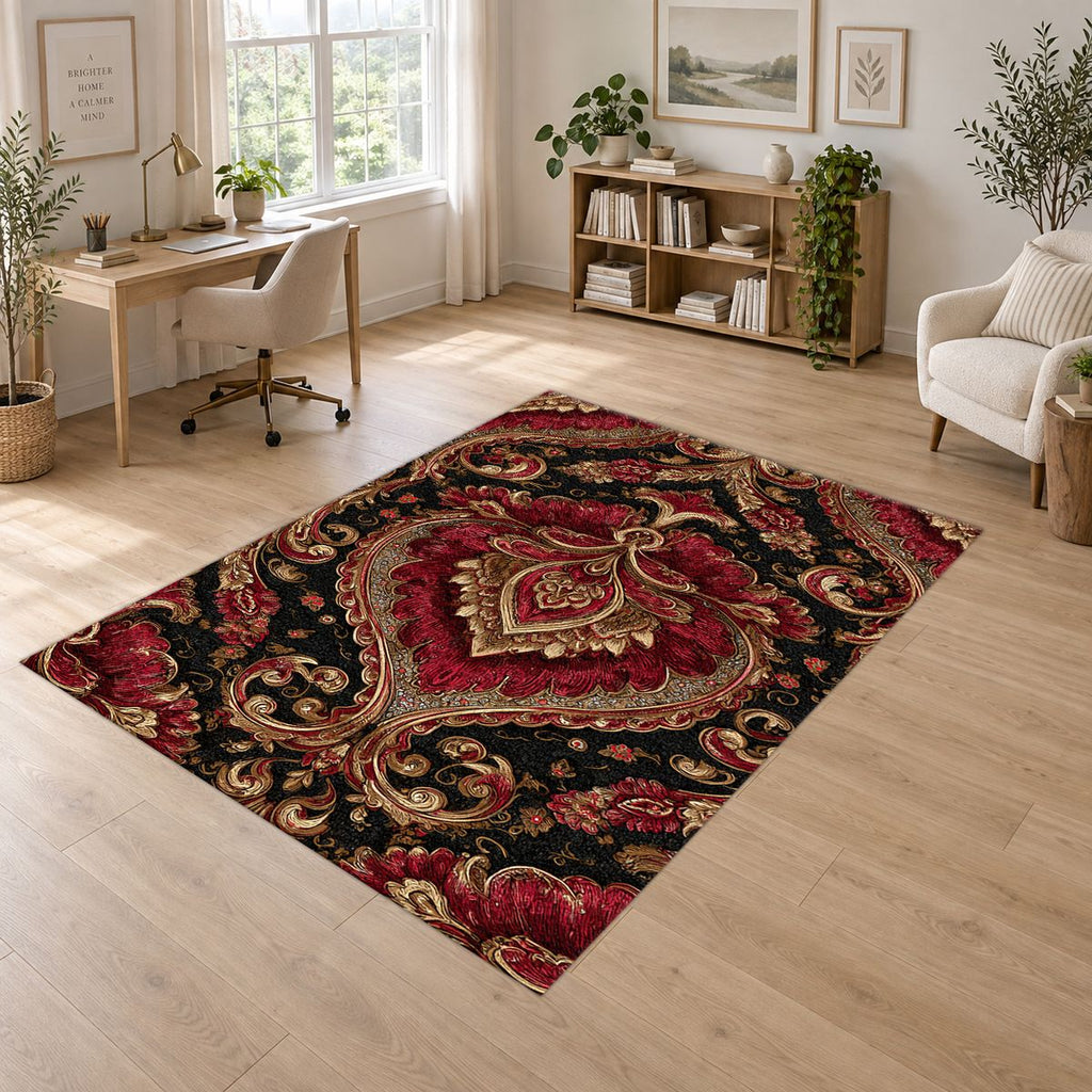 Burgundy and Gold Baroque Damask printed area rug