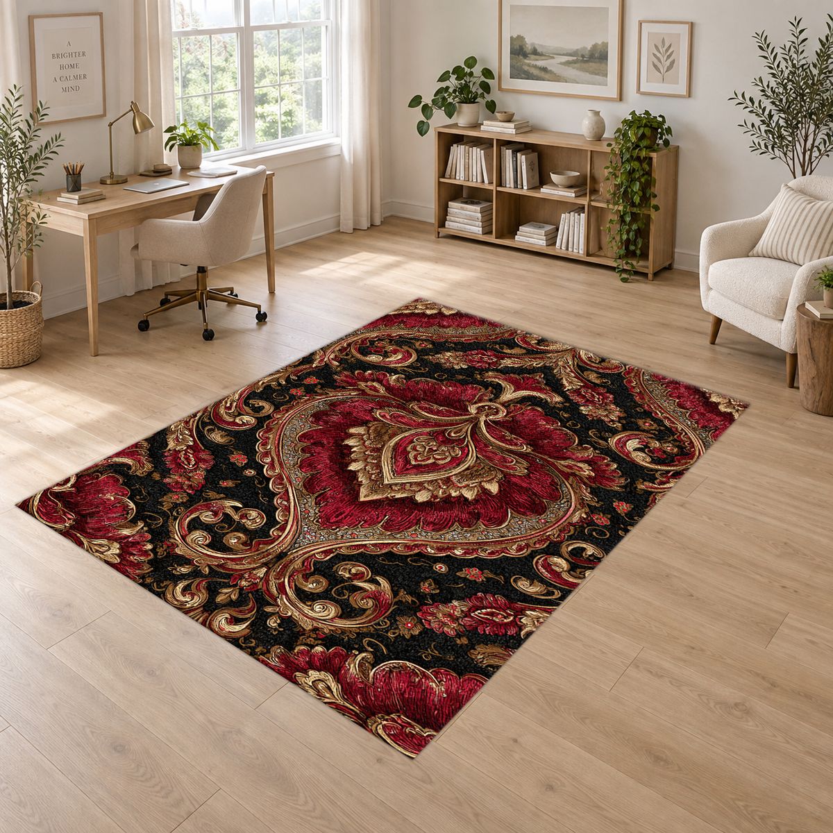 Burgundy and Gold Baroque Damask printed area rug