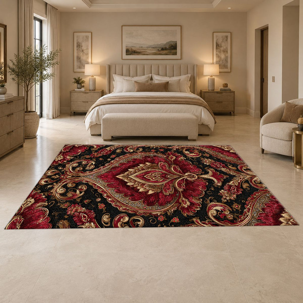 Burgundy and Gold Baroque Damask printed area rug