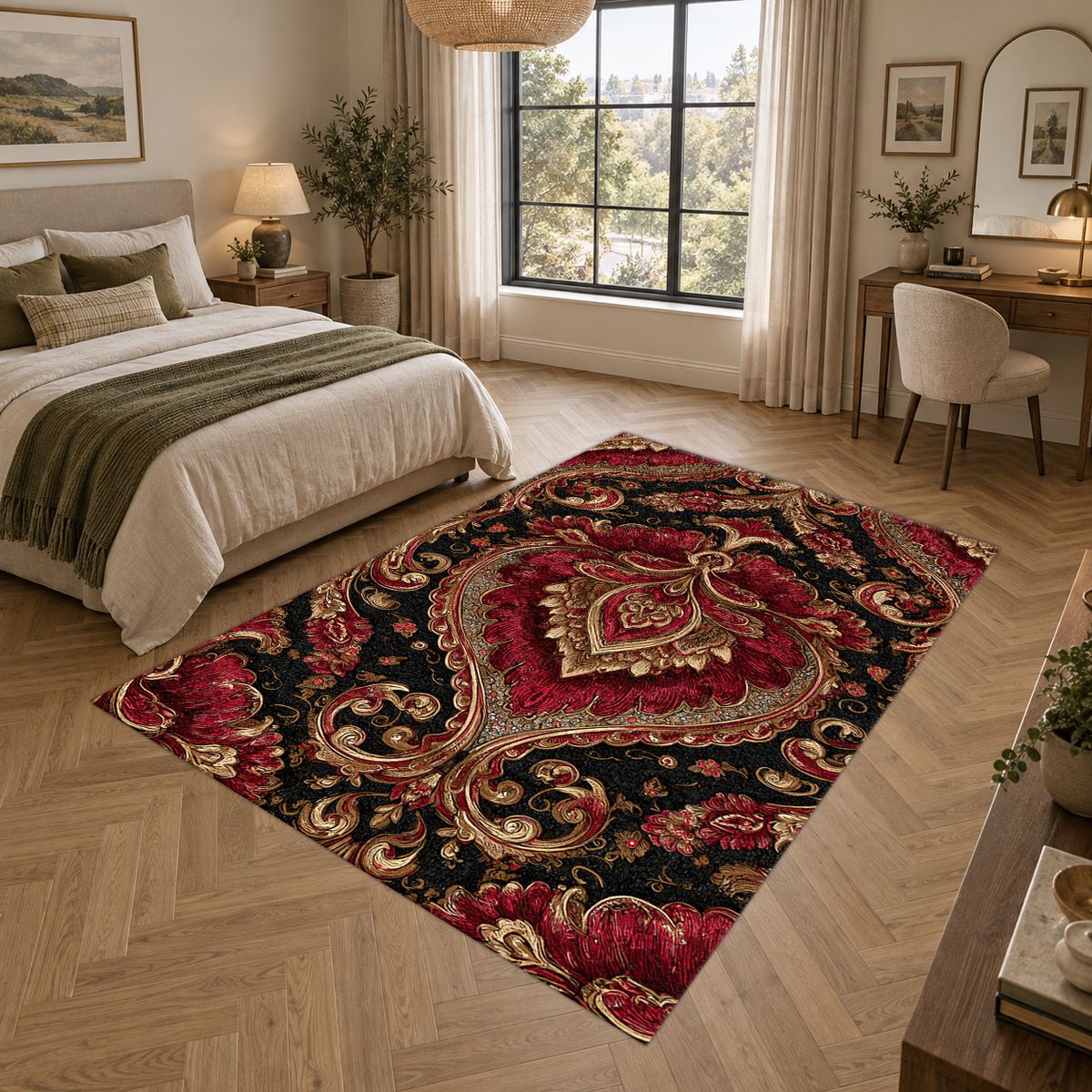 Burgundy and Gold Baroque Damask printed area rug