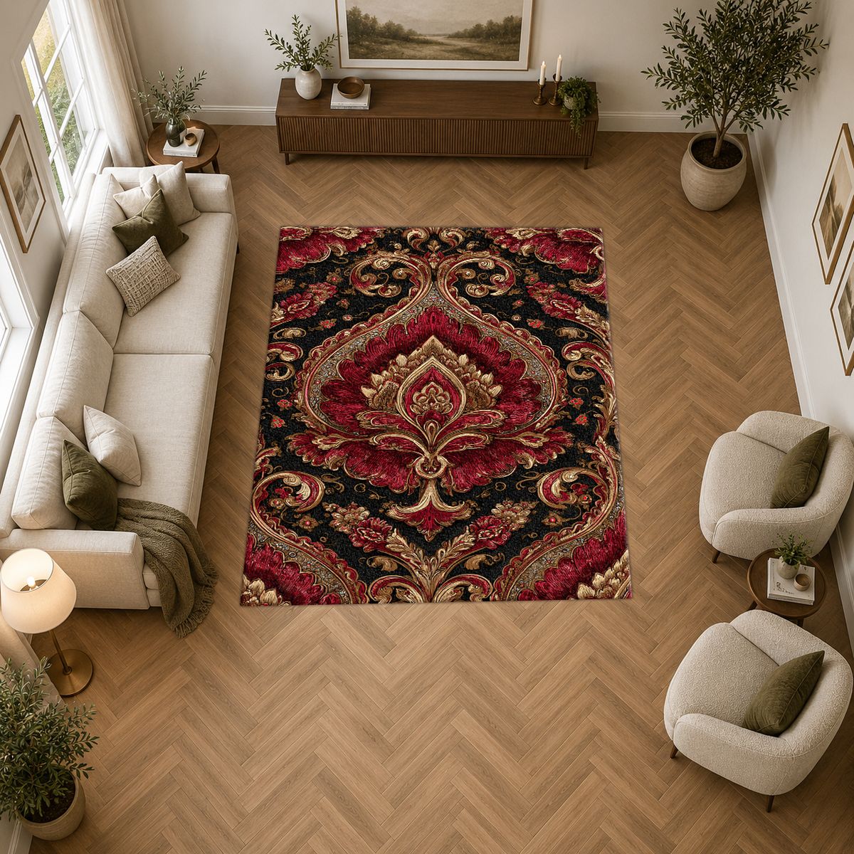 Burgundy and Gold Baroque Damask printed area rug