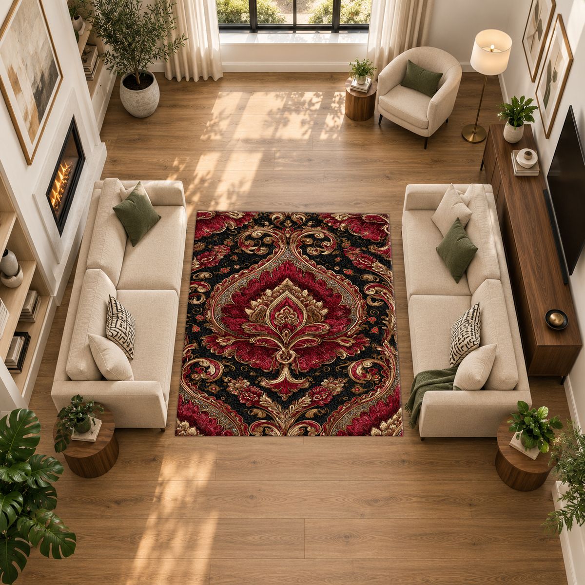 Burgundy and Gold Baroque Damask printed area rug