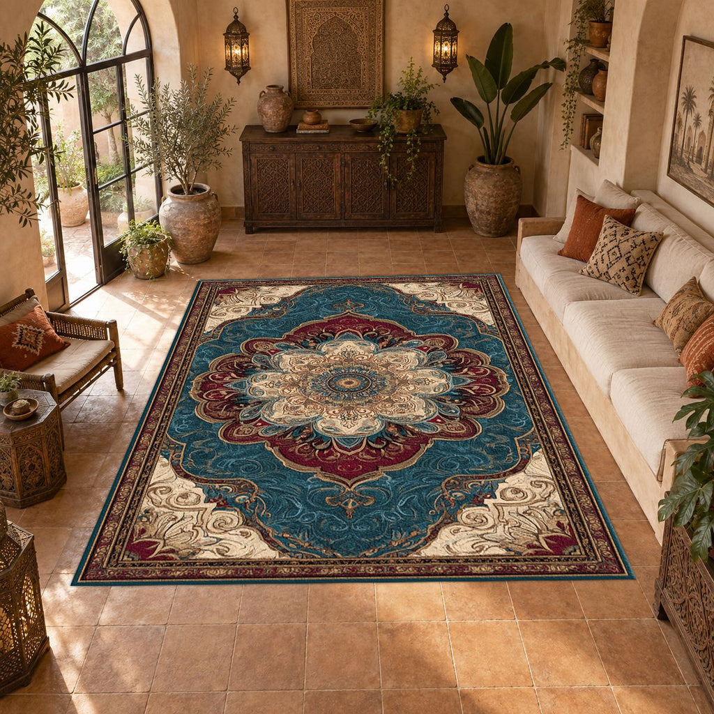 Teal and Peach Vintage Medallion printed area rug