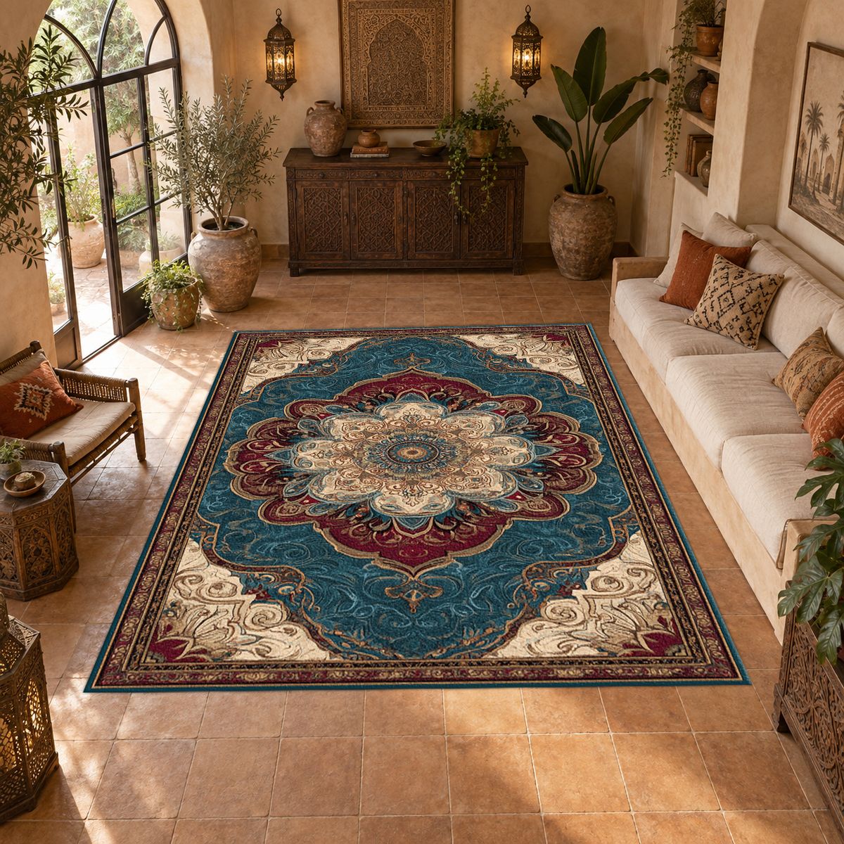 Teal and Peach Vintage Medallion printed area rug