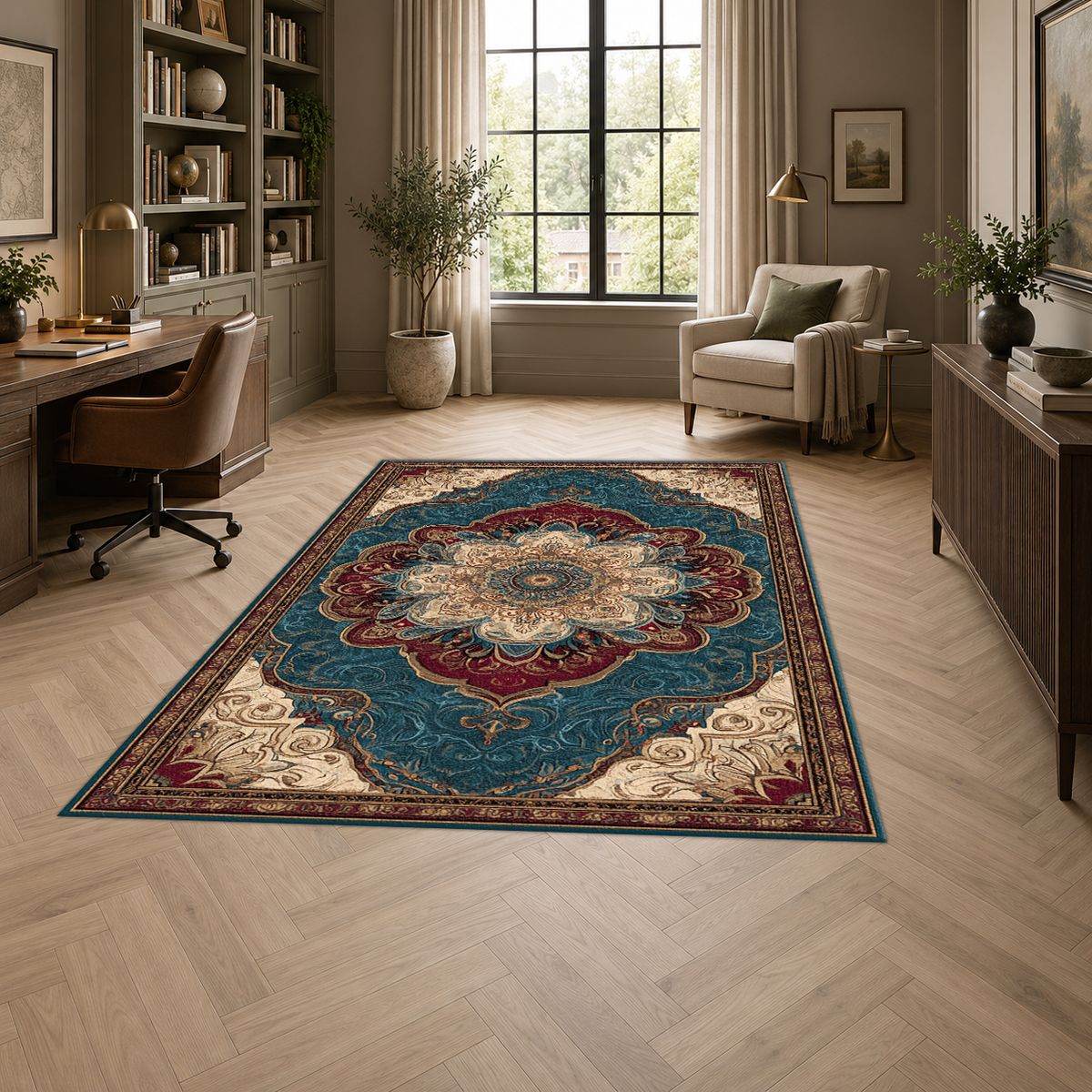 Teal and Peach Vintage Medallion printed area rug