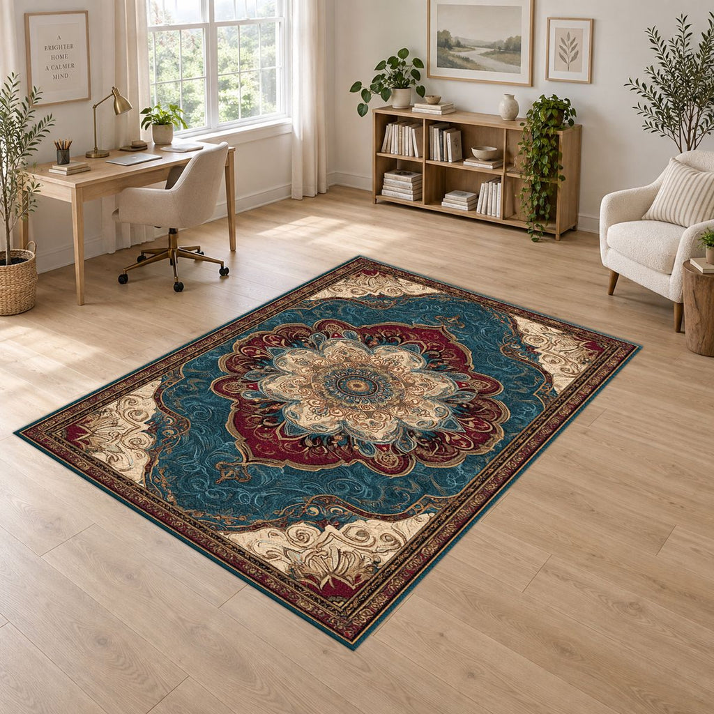 Teal and Peach Vintage Medallion printed area rug