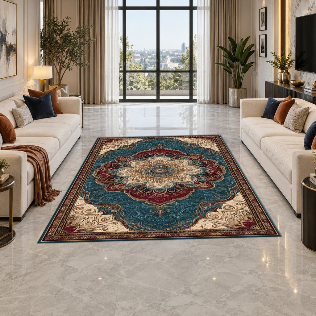 Teal and Peach Vintage Medallion printed area rug