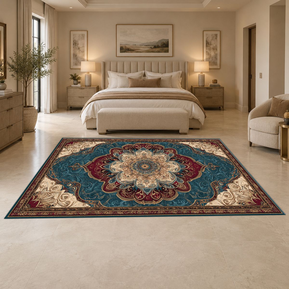 Teal and Peach Vintage Medallion printed area rug