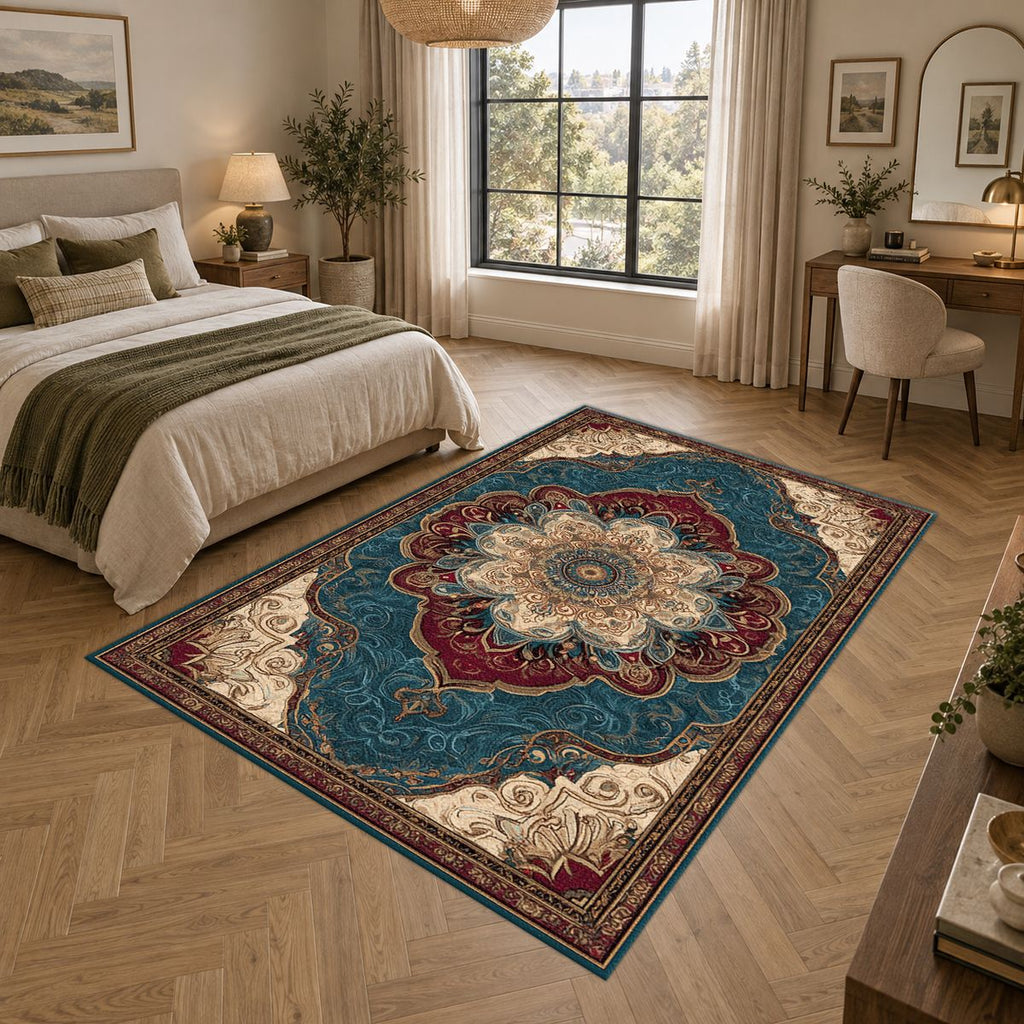 Teal and Peach Vintage Medallion printed area rug