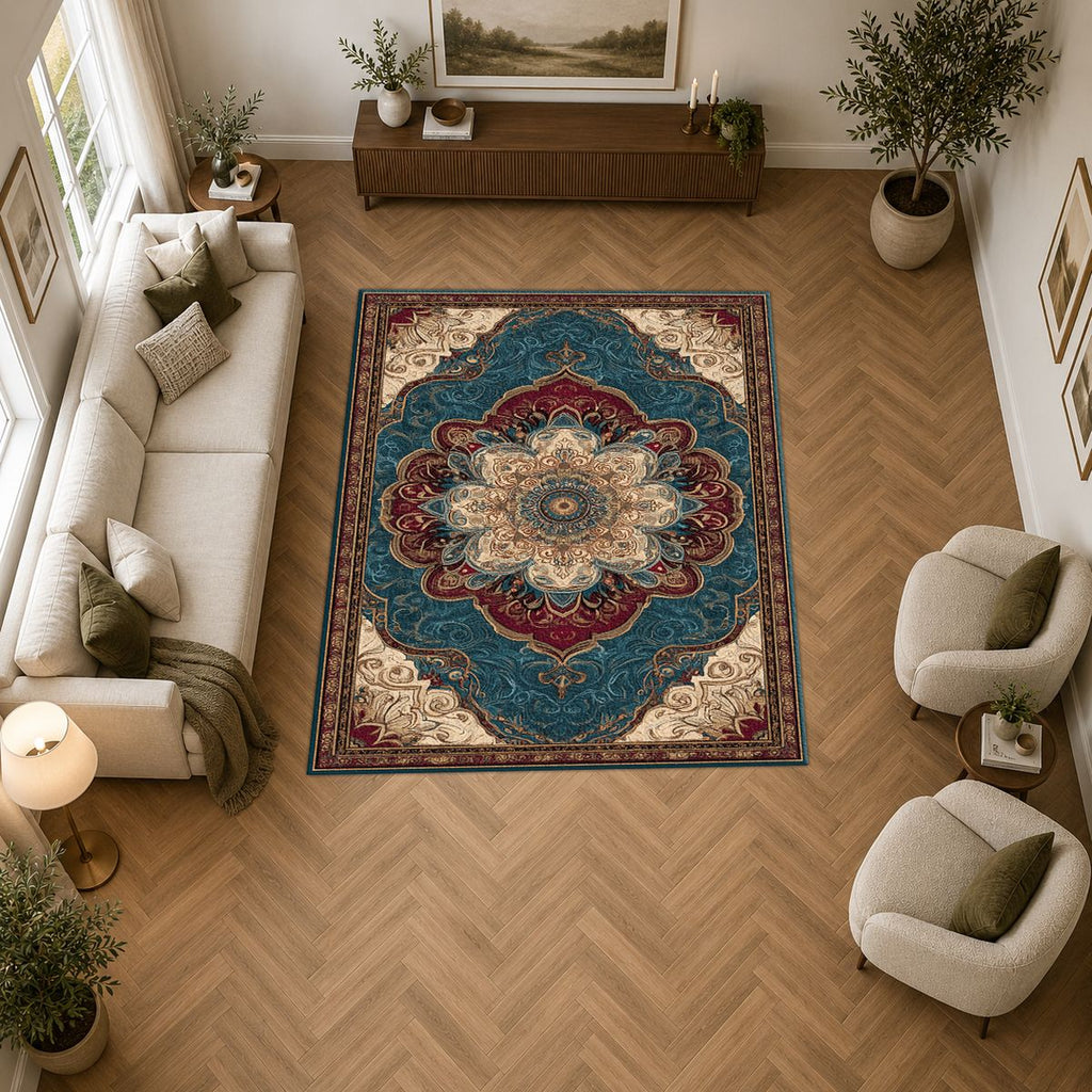 Teal and Peach Vintage Medallion printed area rug