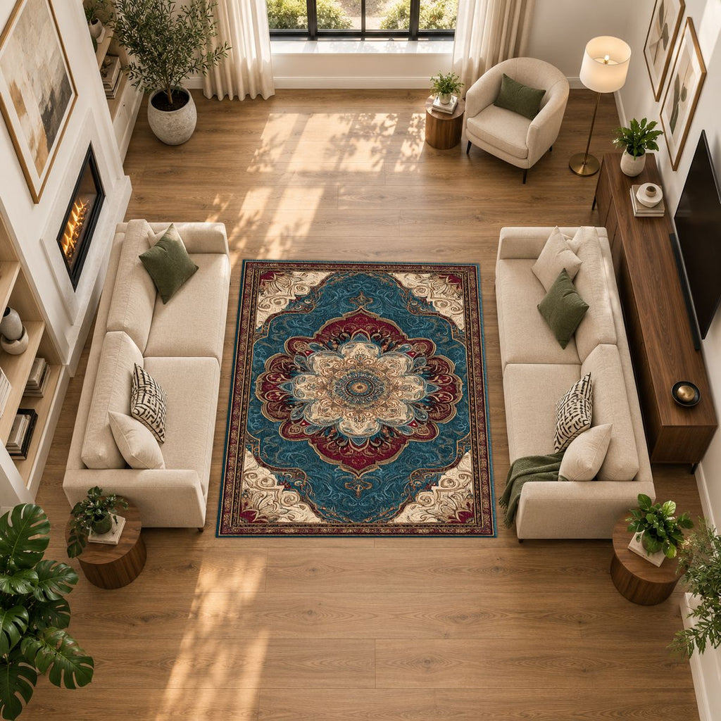 Teal and Peach Vintage Medallion printed area rug