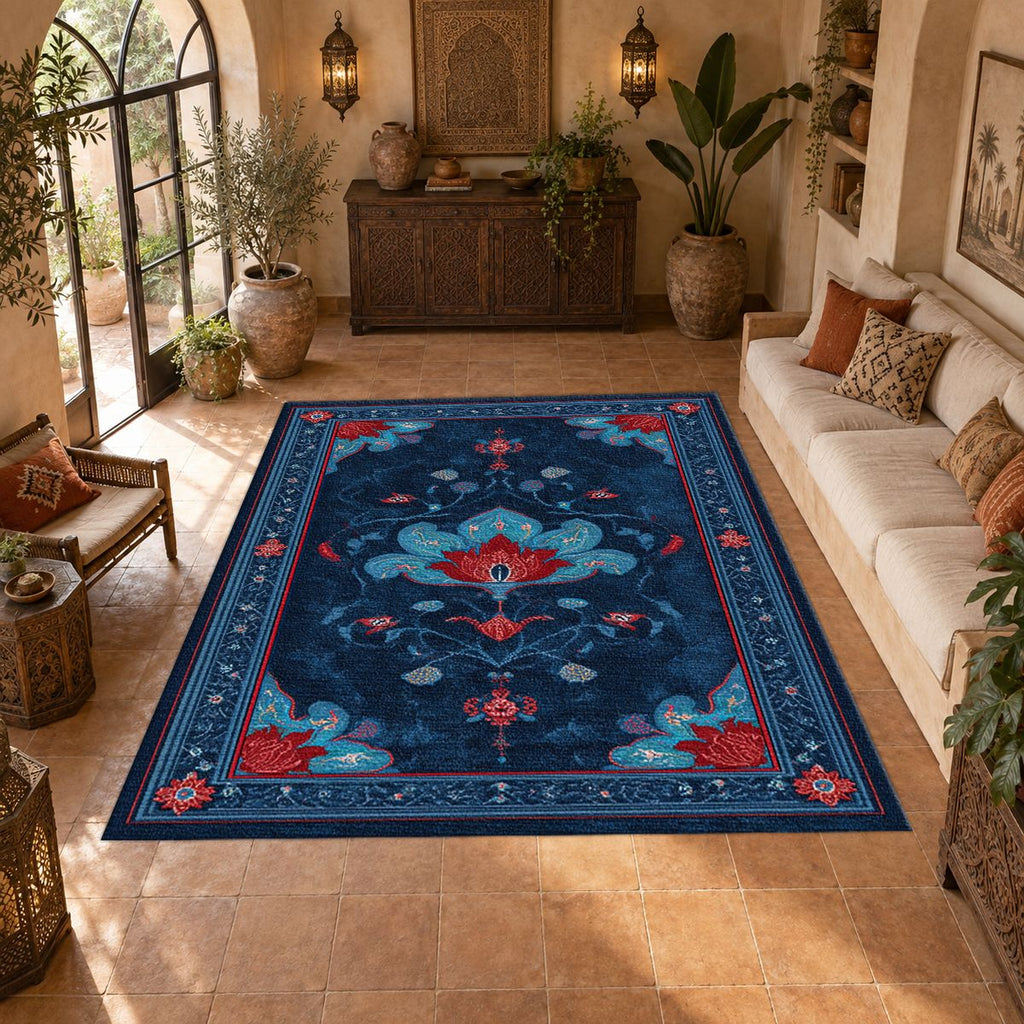 Navy and Red Tree of Life printed area rug
