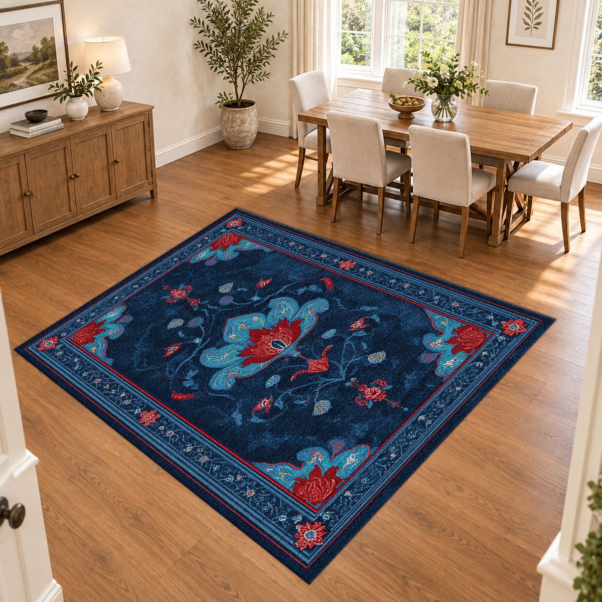 Navy and Red Tree of Life printed area rug