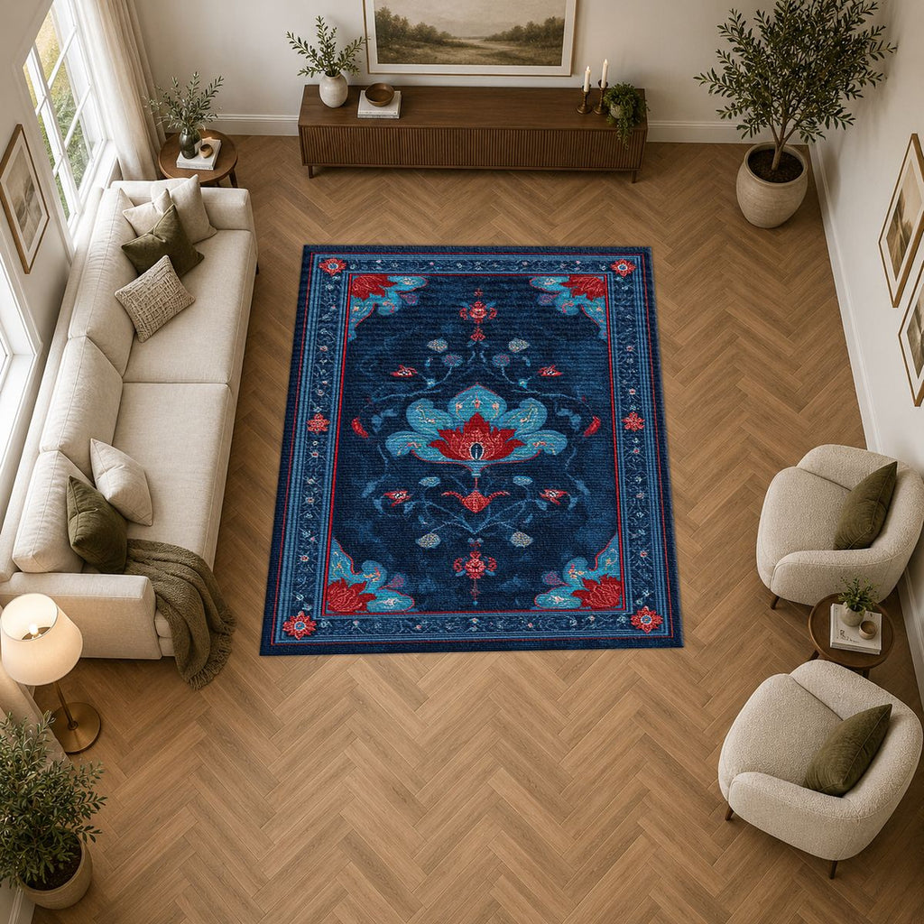 Navy and Red Tree of Life printed area rug
