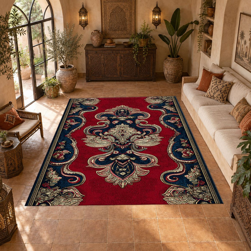 Red and Navy Paisley Ornament printed area rug