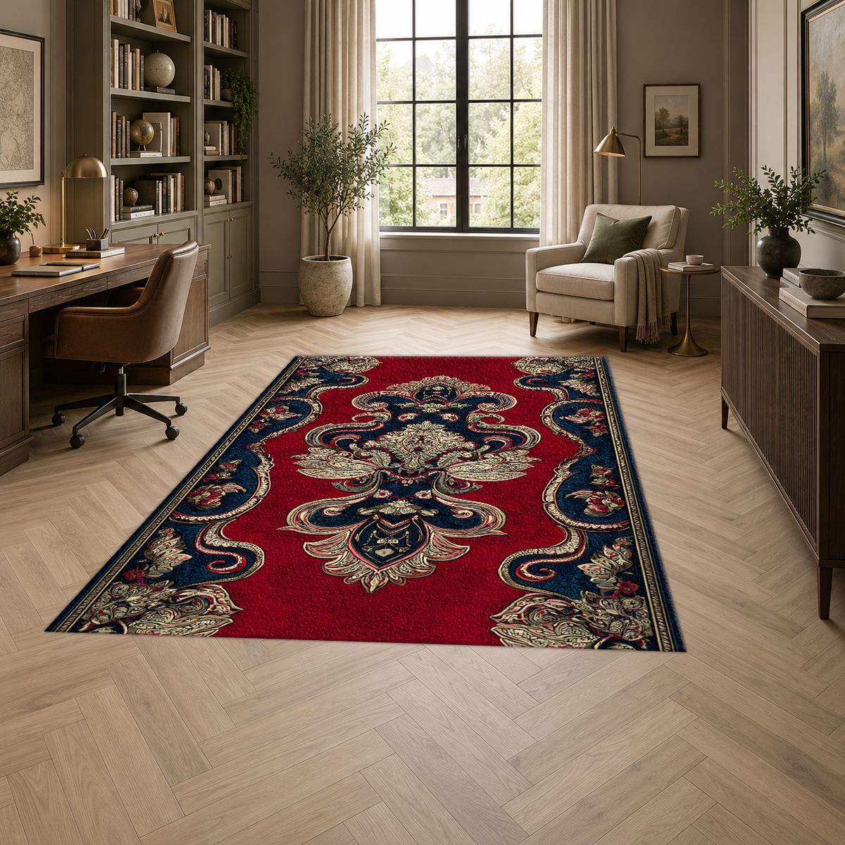 Red and Navy Paisley Ornament printed area rug