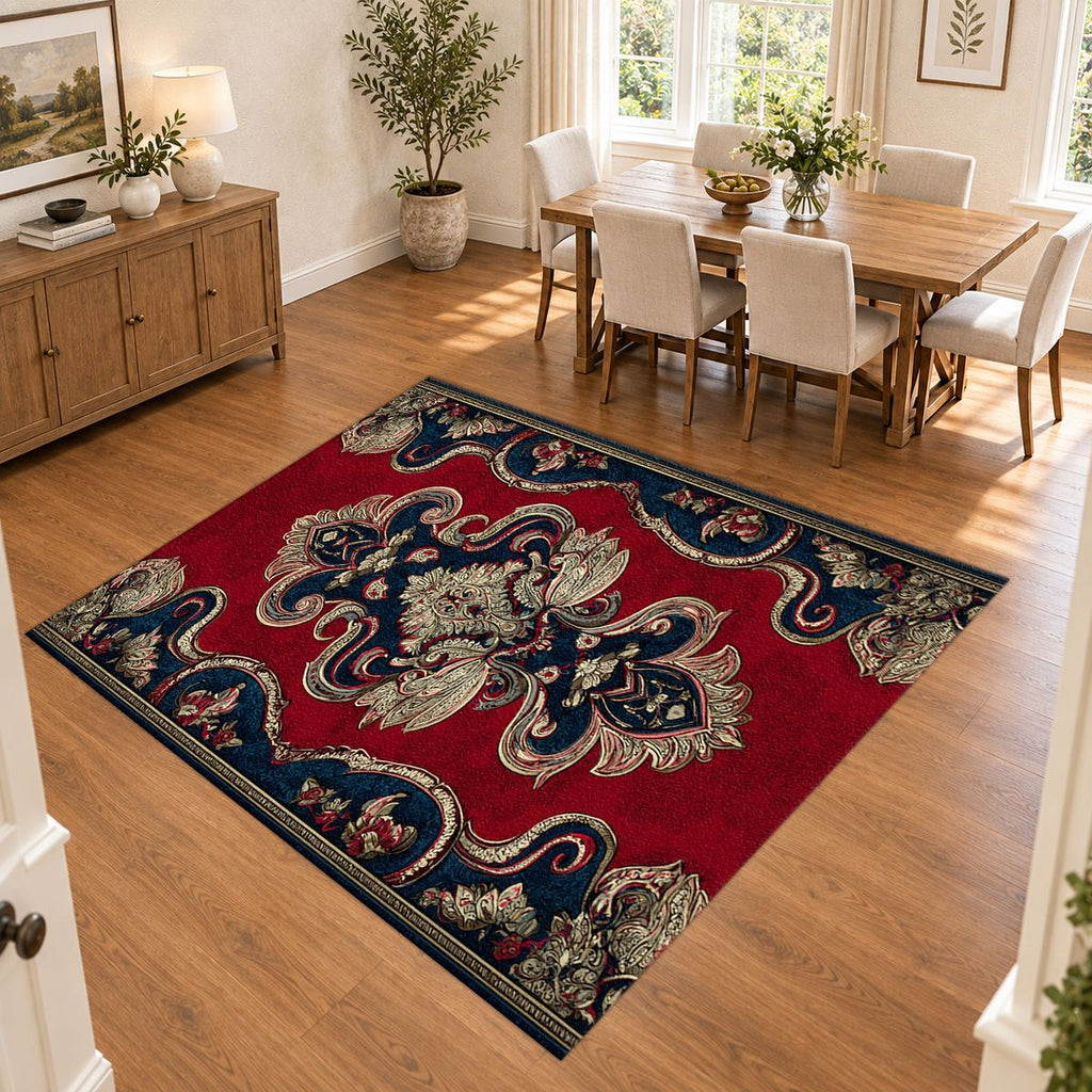 Red and Navy Paisley Ornament printed area rug