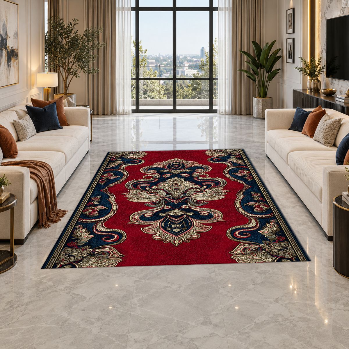 Red and Navy Paisley Ornament printed area rug