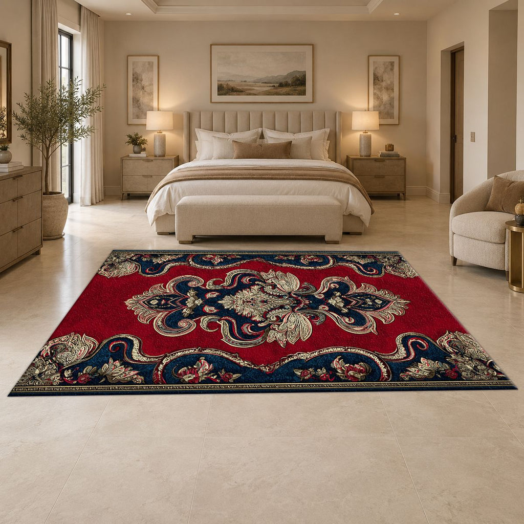 Red and Navy Paisley Ornament printed area rug