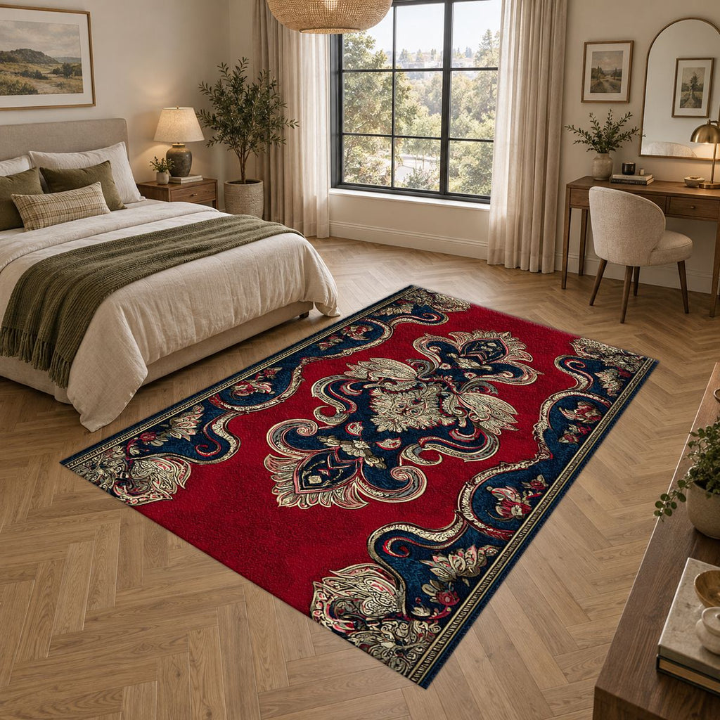 Red and Navy Paisley Ornament printed area rug