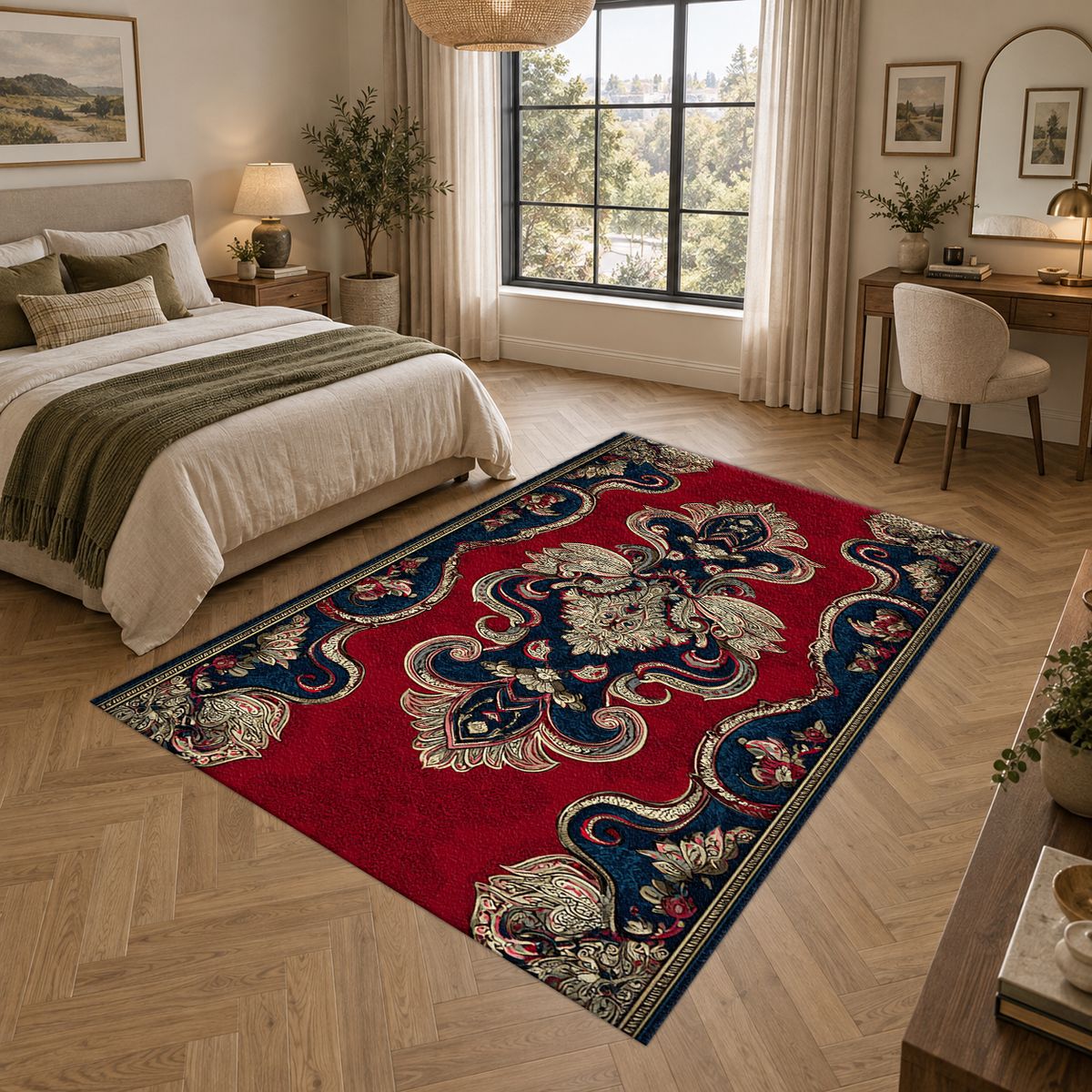 Red and Navy Paisley Ornament printed area rug