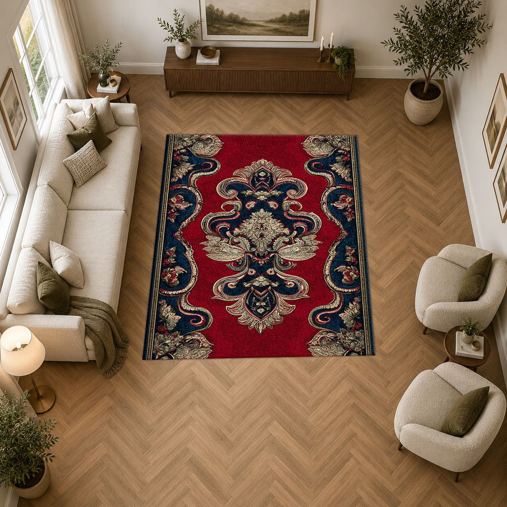Red and Navy Paisley Ornament printed area rug