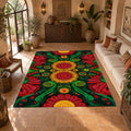 Green and Red Sunflower Folk Art printed area rug