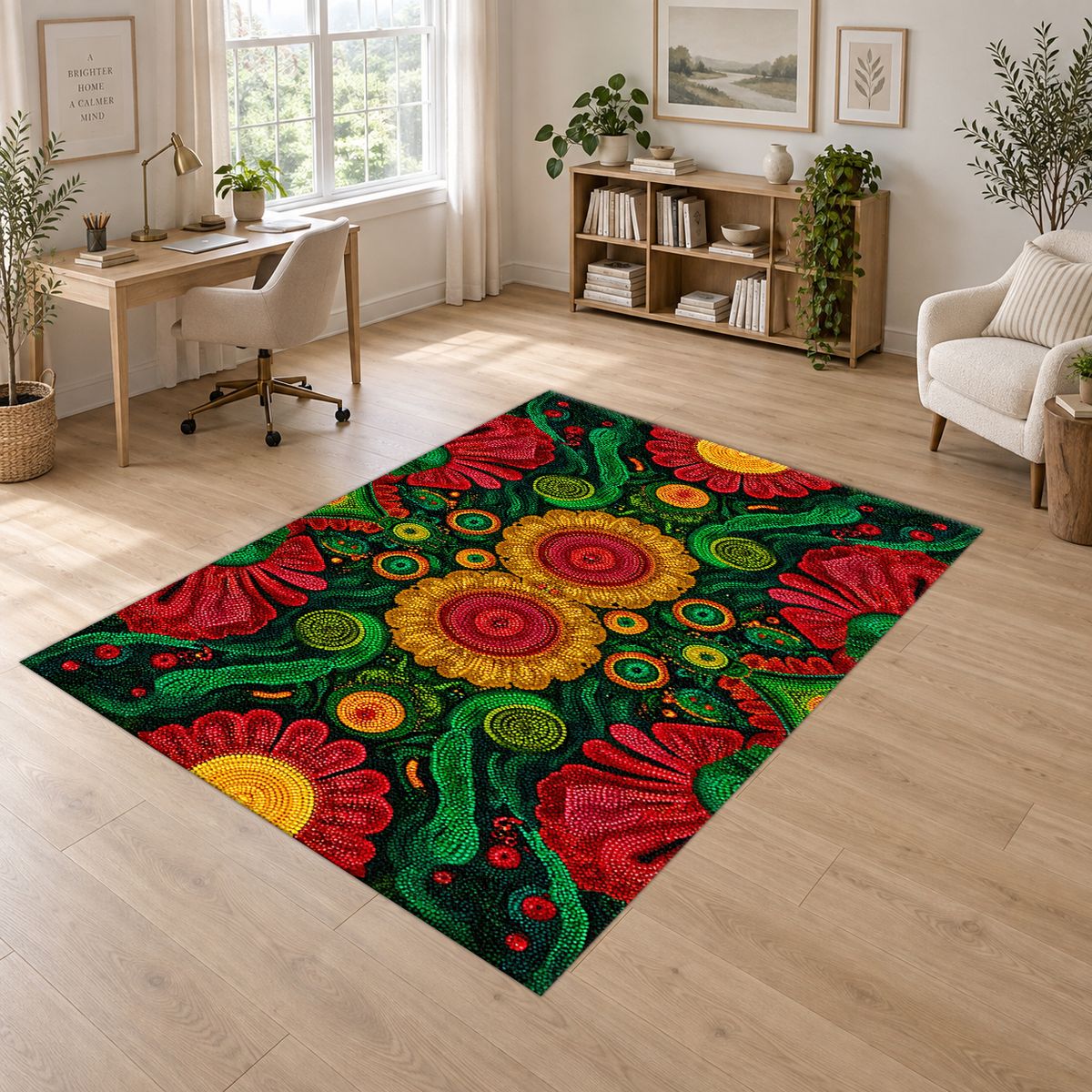 Green and Red Sunflower Folk Art printed area rug
