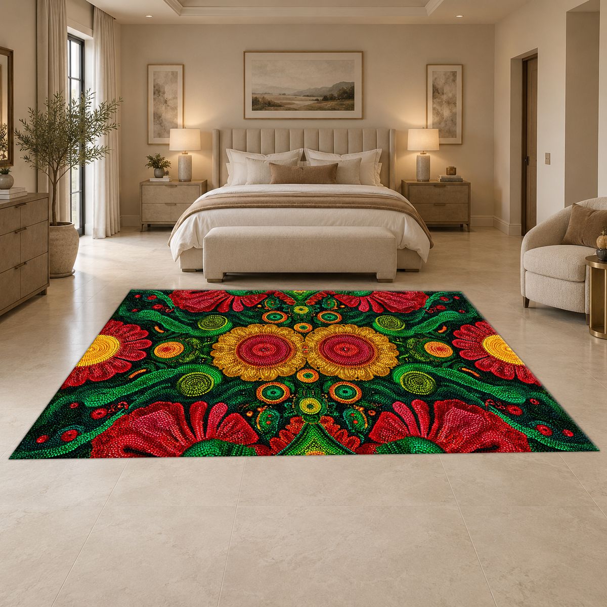 Green and Red Sunflower Folk Art printed area rug