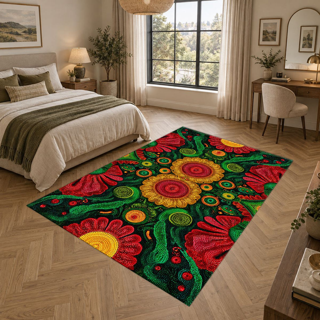 Green and Red Sunflower Folk Art printed area rug