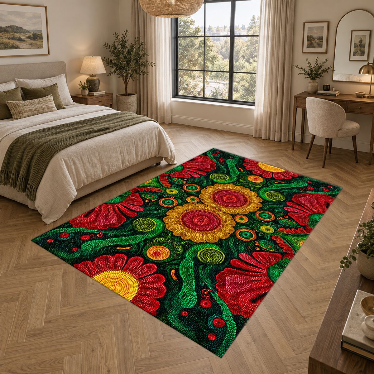 Green and Red Sunflower Folk Art printed area rug
