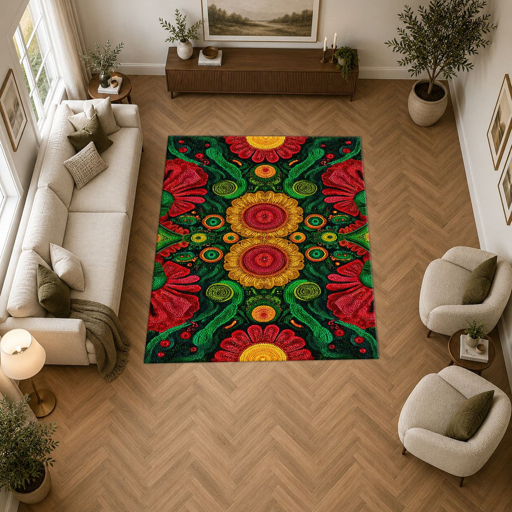 Green and Red Sunflower Folk Art printed area rug