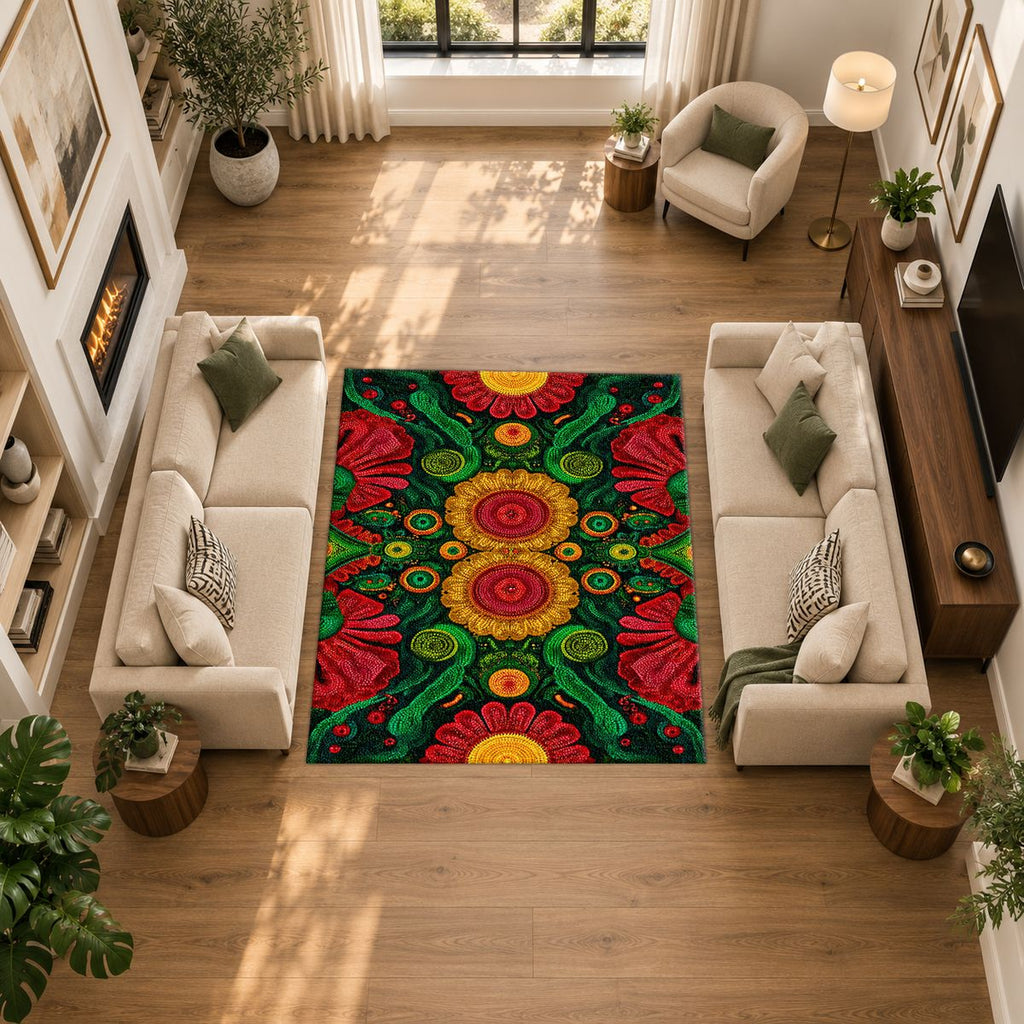 Green and Red Sunflower Folk Art printed area rug