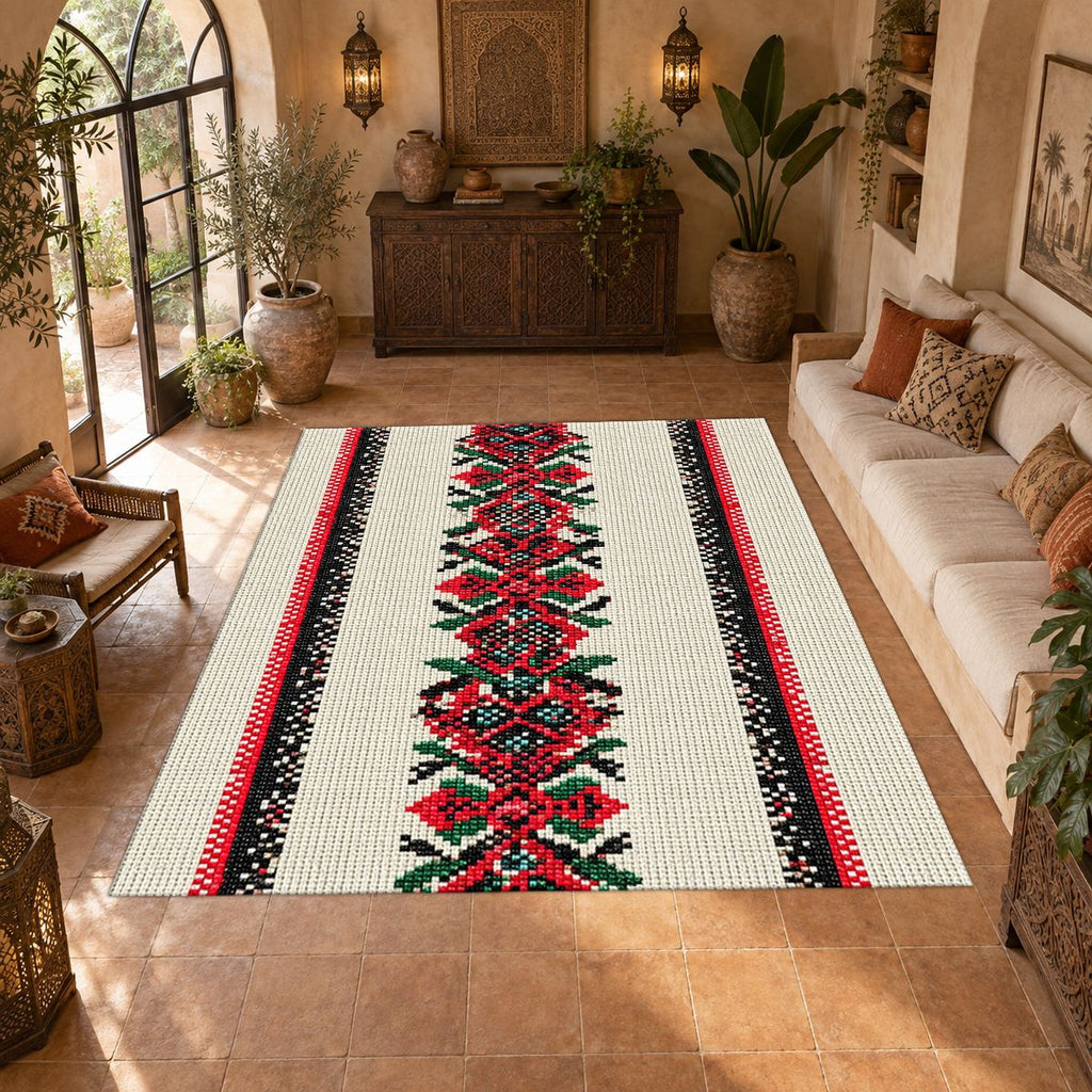 Red Cross Stitch Embroidery Runner printed area rug