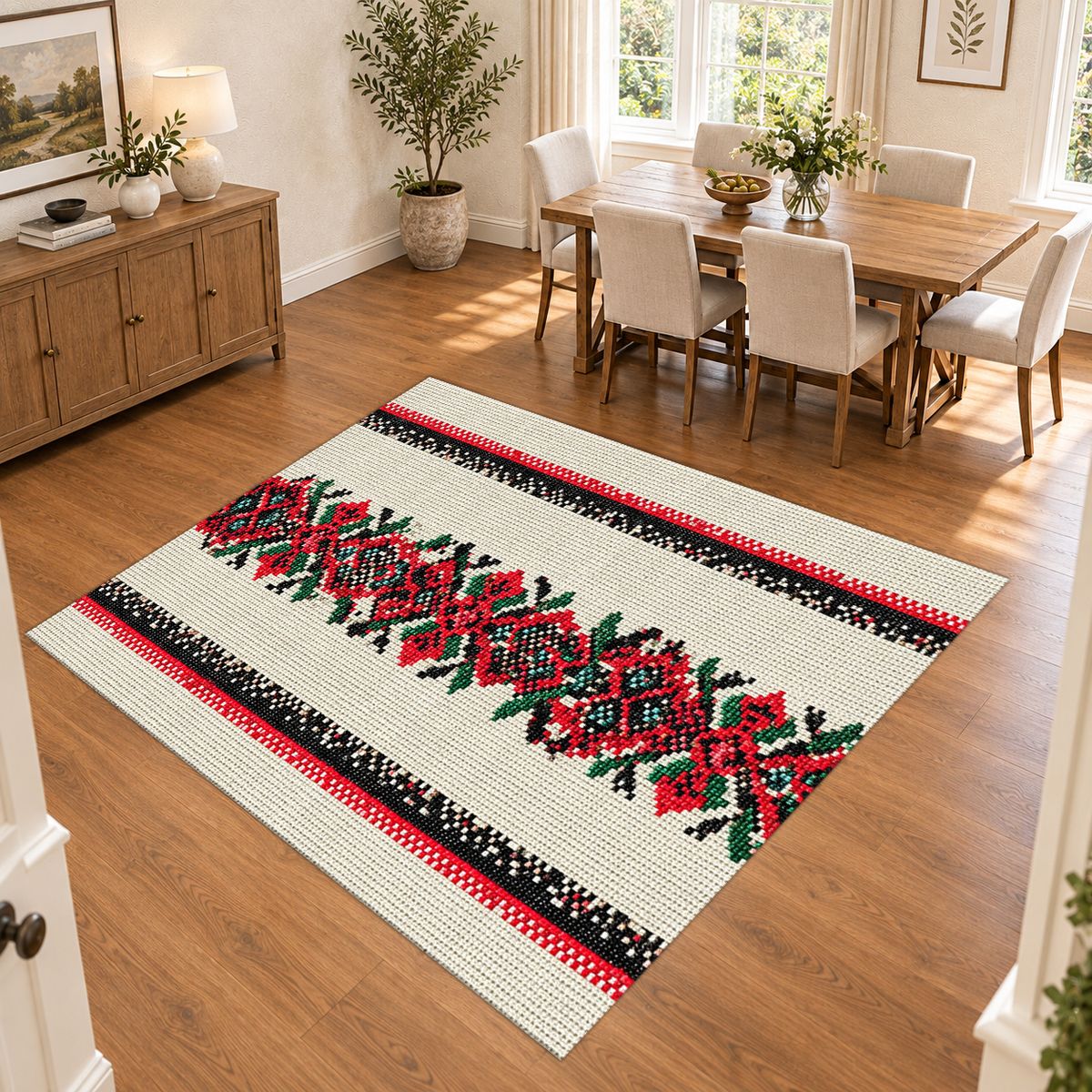 Red Cross Stitch Embroidery Runner printed area rug