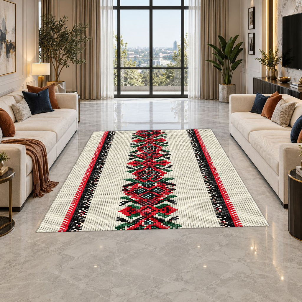 Red Cross Stitch Embroidery Runner printed area rug