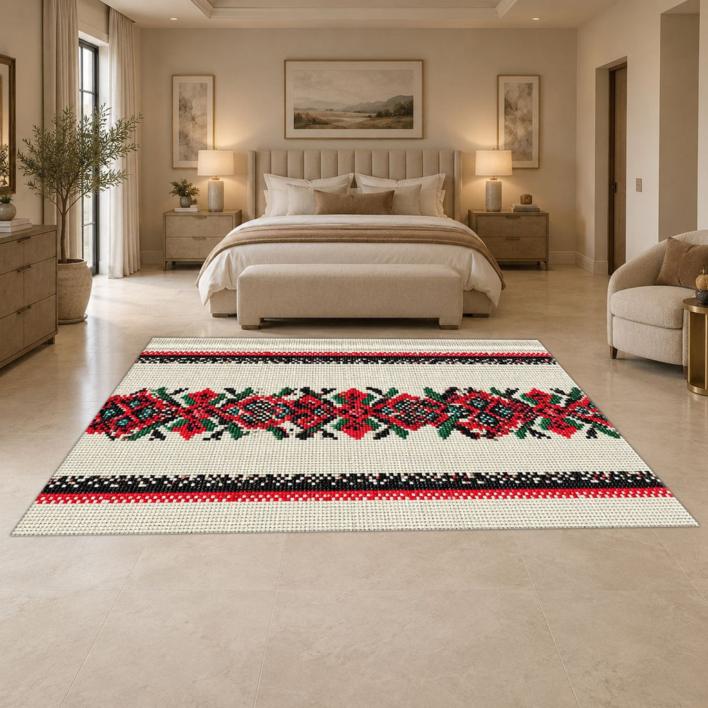 Red Cross Stitch Embroidery Runner printed area rug
