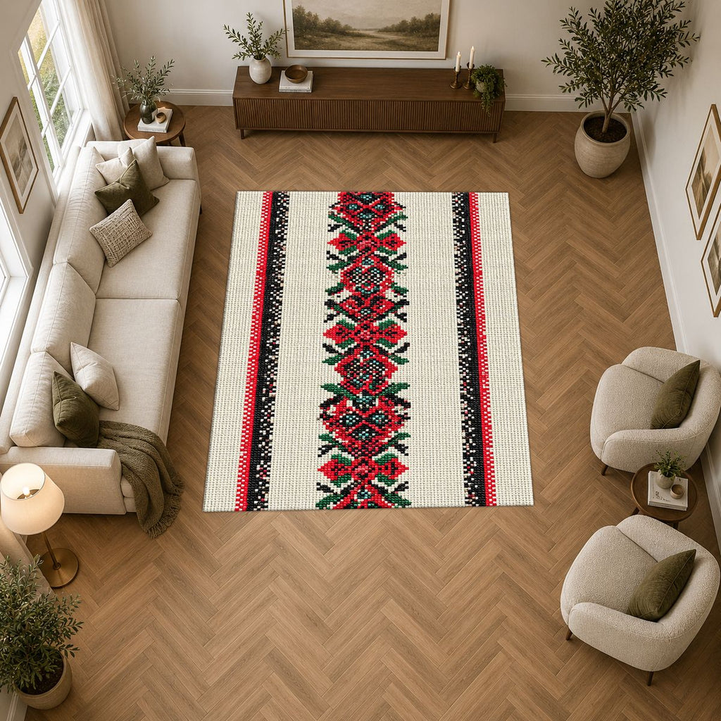 Red Cross Stitch Embroidery Runner printed area rug
