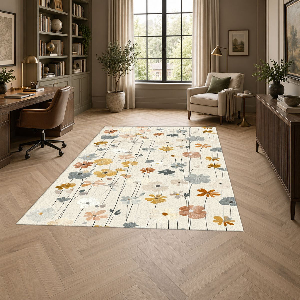 Cream Pastel Wildflower Meadow printed area rug