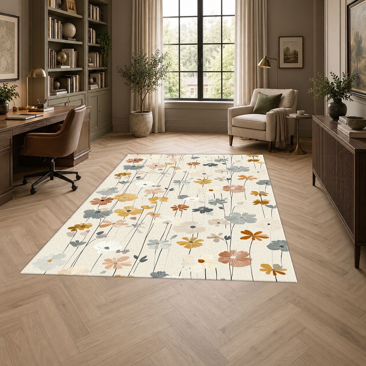 Cream Pastel Wildflower Meadow printed area rug