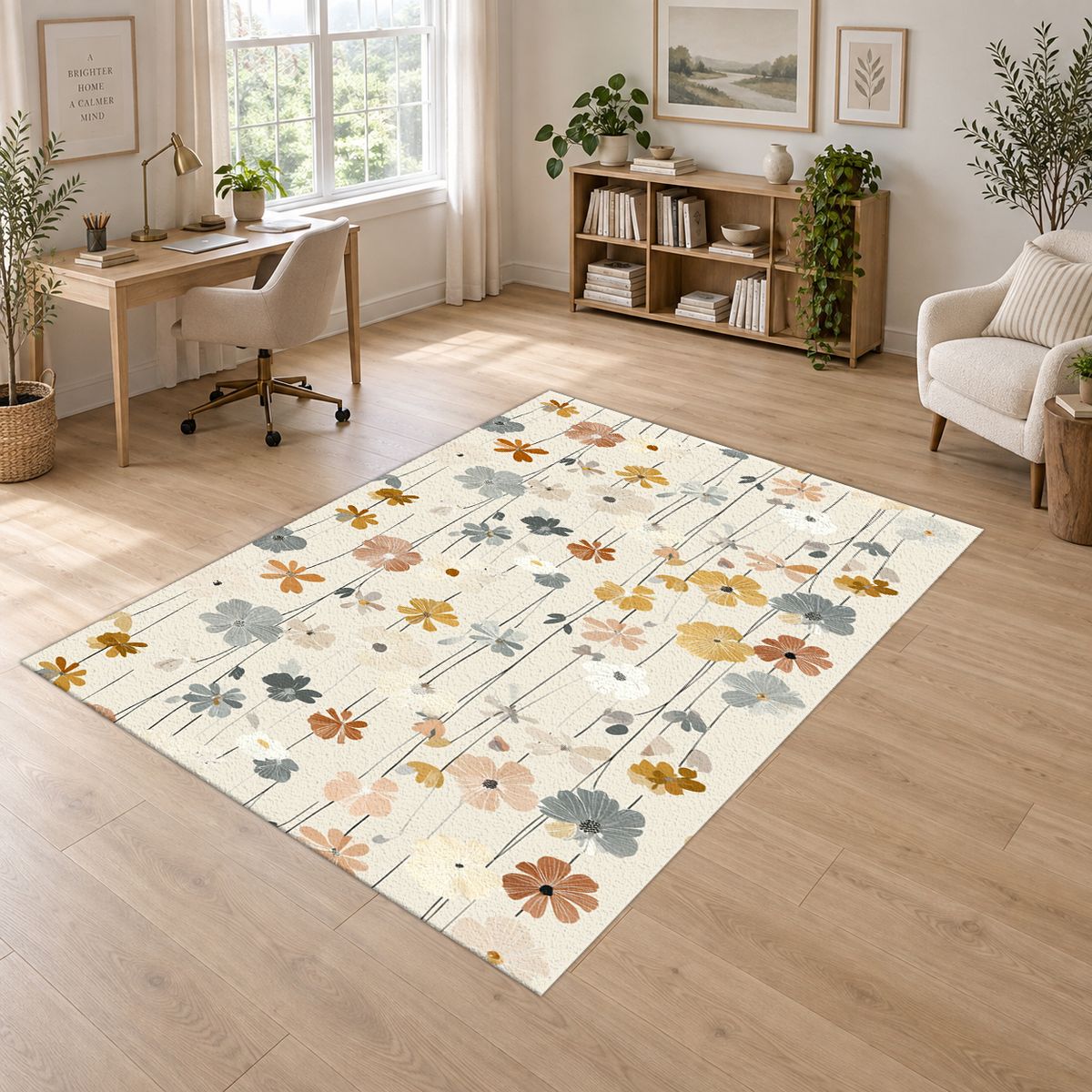 Cream Pastel Wildflower Meadow printed area rug