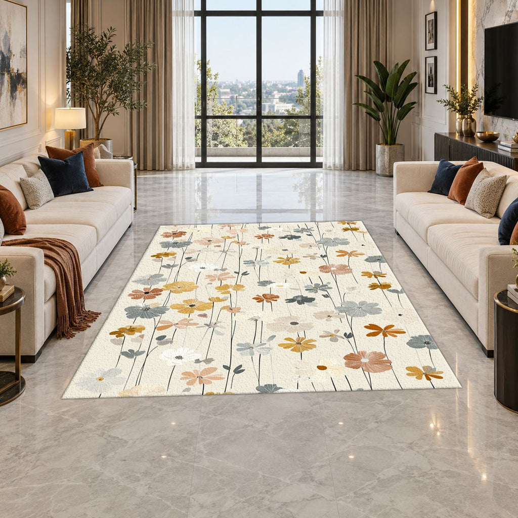 Cream Pastel Wildflower Meadow printed area rug