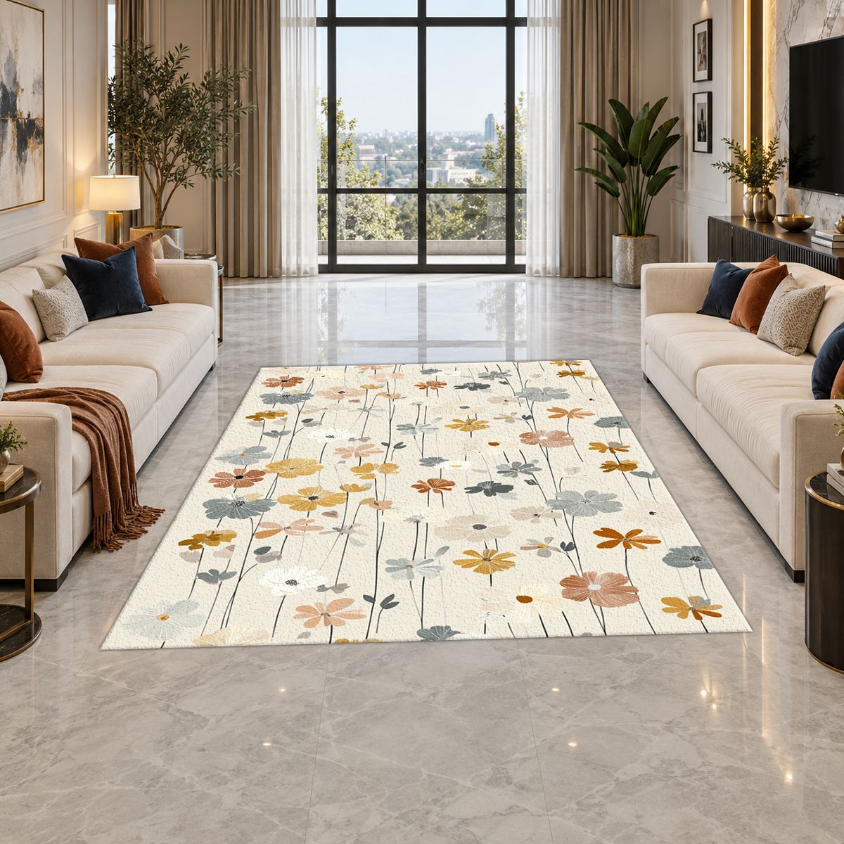 Cream Pastel Wildflower Meadow printed area rug