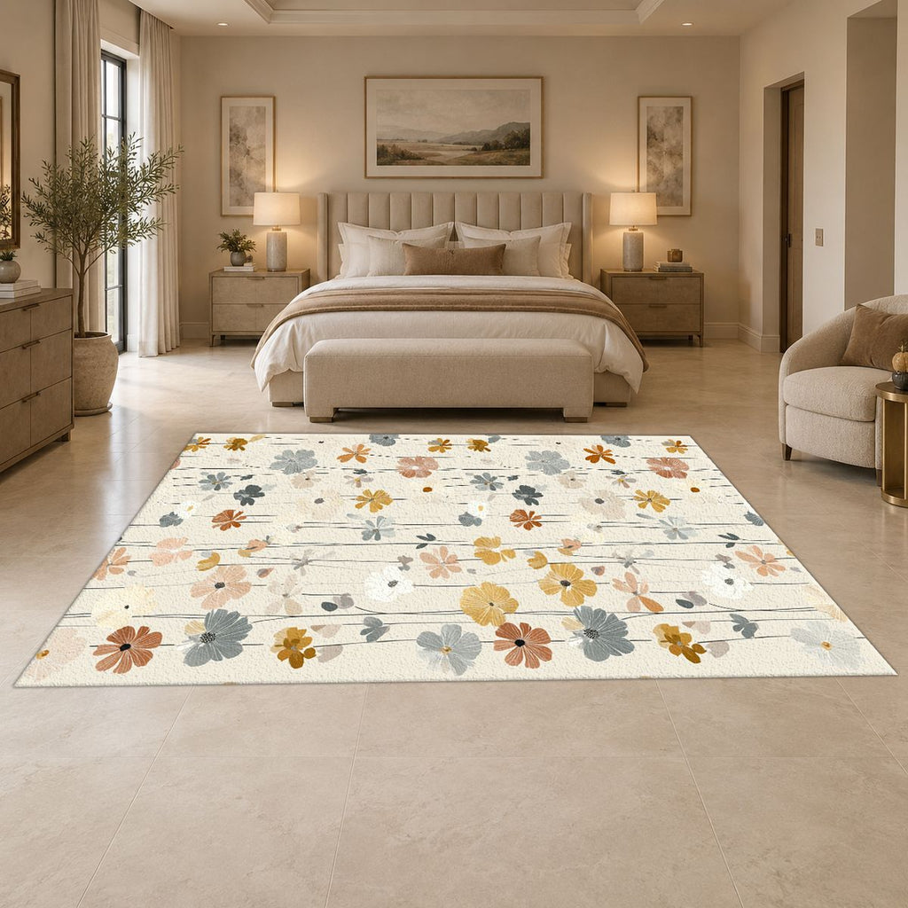 Cream Pastel Wildflower Meadow printed area rug