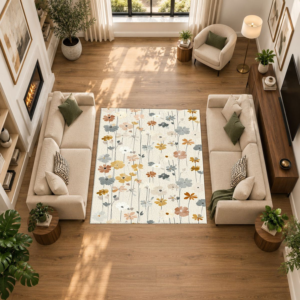 Cream Pastel Wildflower Meadow printed area rug