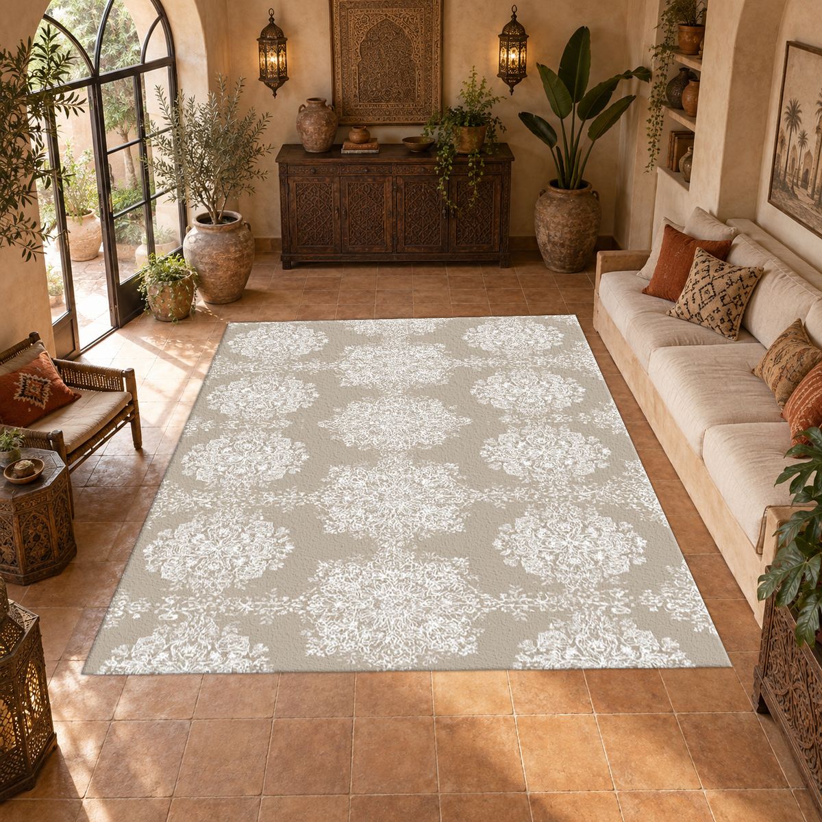 Taupe Tonal Damask printed area rug
