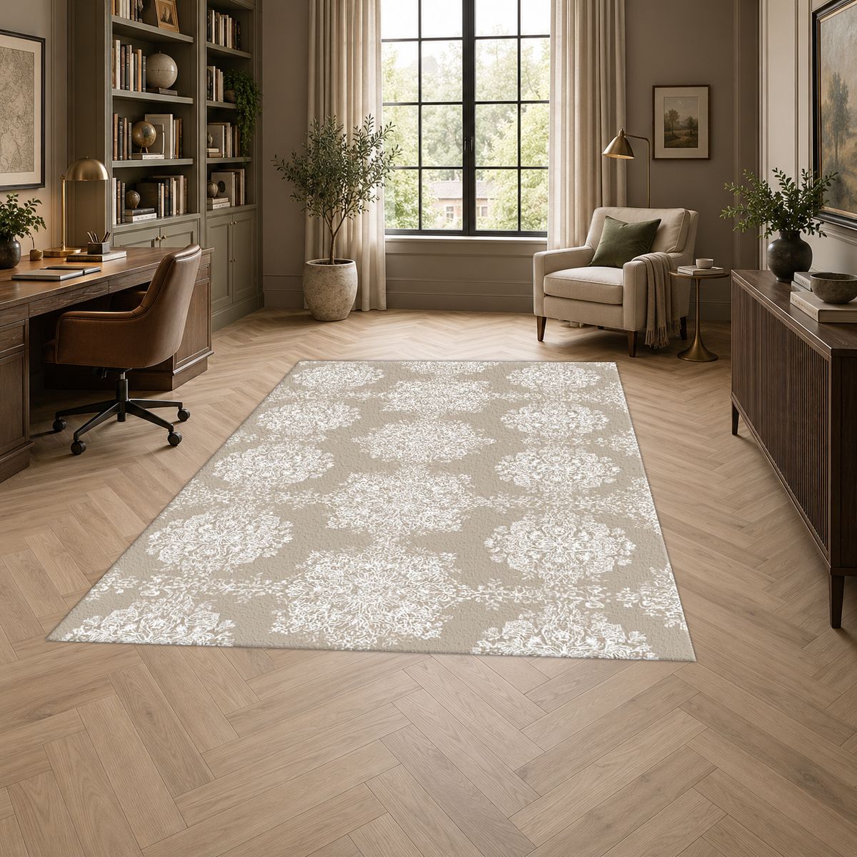 Taupe Tonal Damask printed area rug