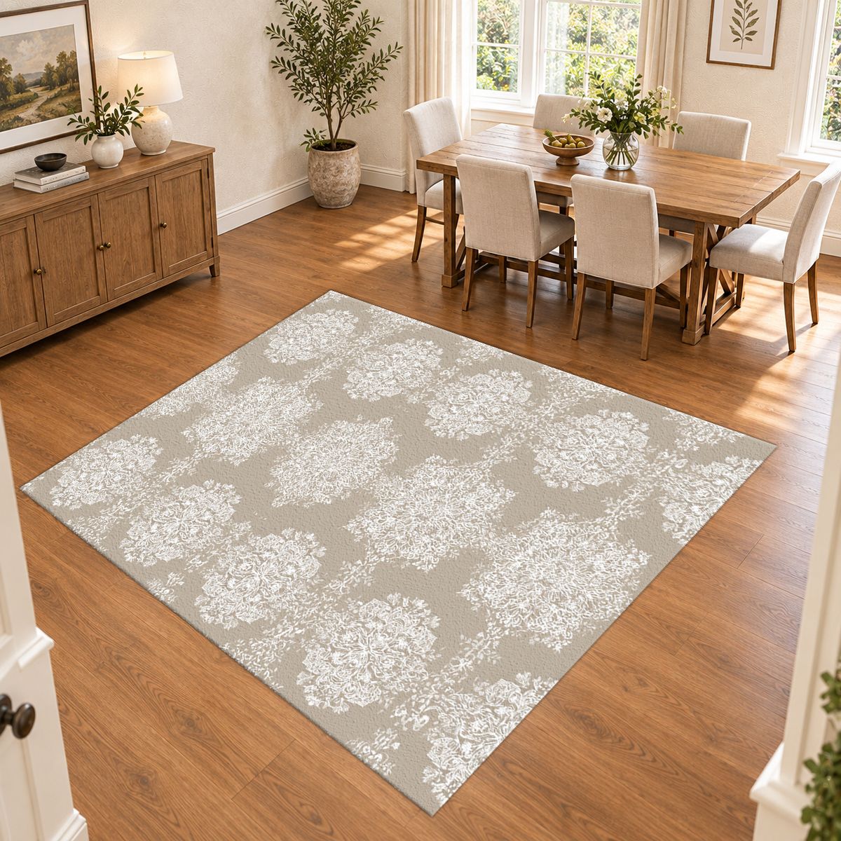 Taupe Tonal Damask printed area rug